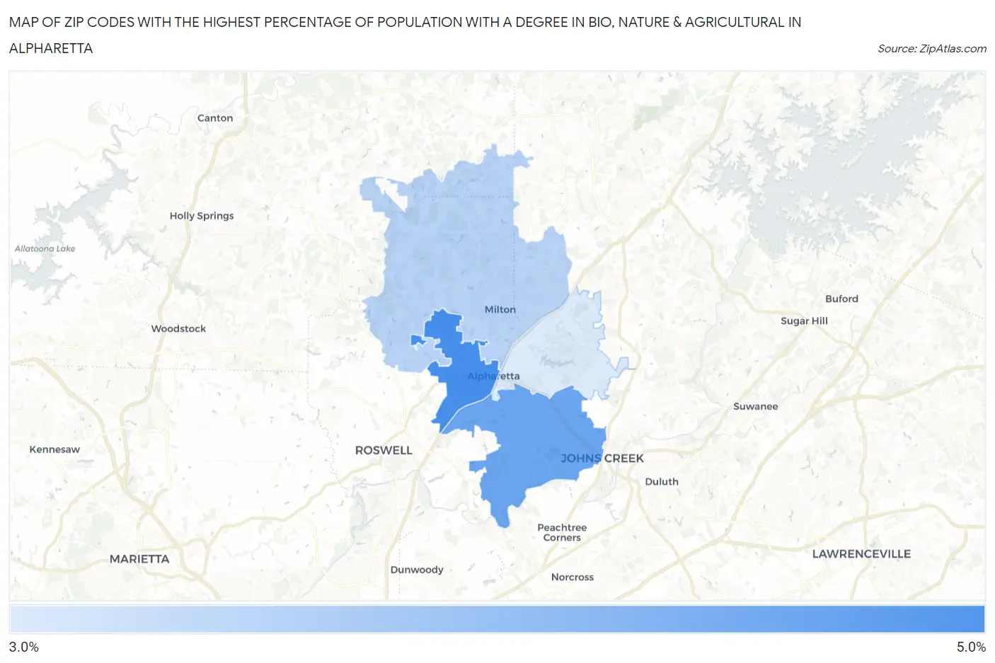 Zip Codes with the Highest Percentage of Population with a Degree in Bio, Nature & Agricultural in Alpharetta Map