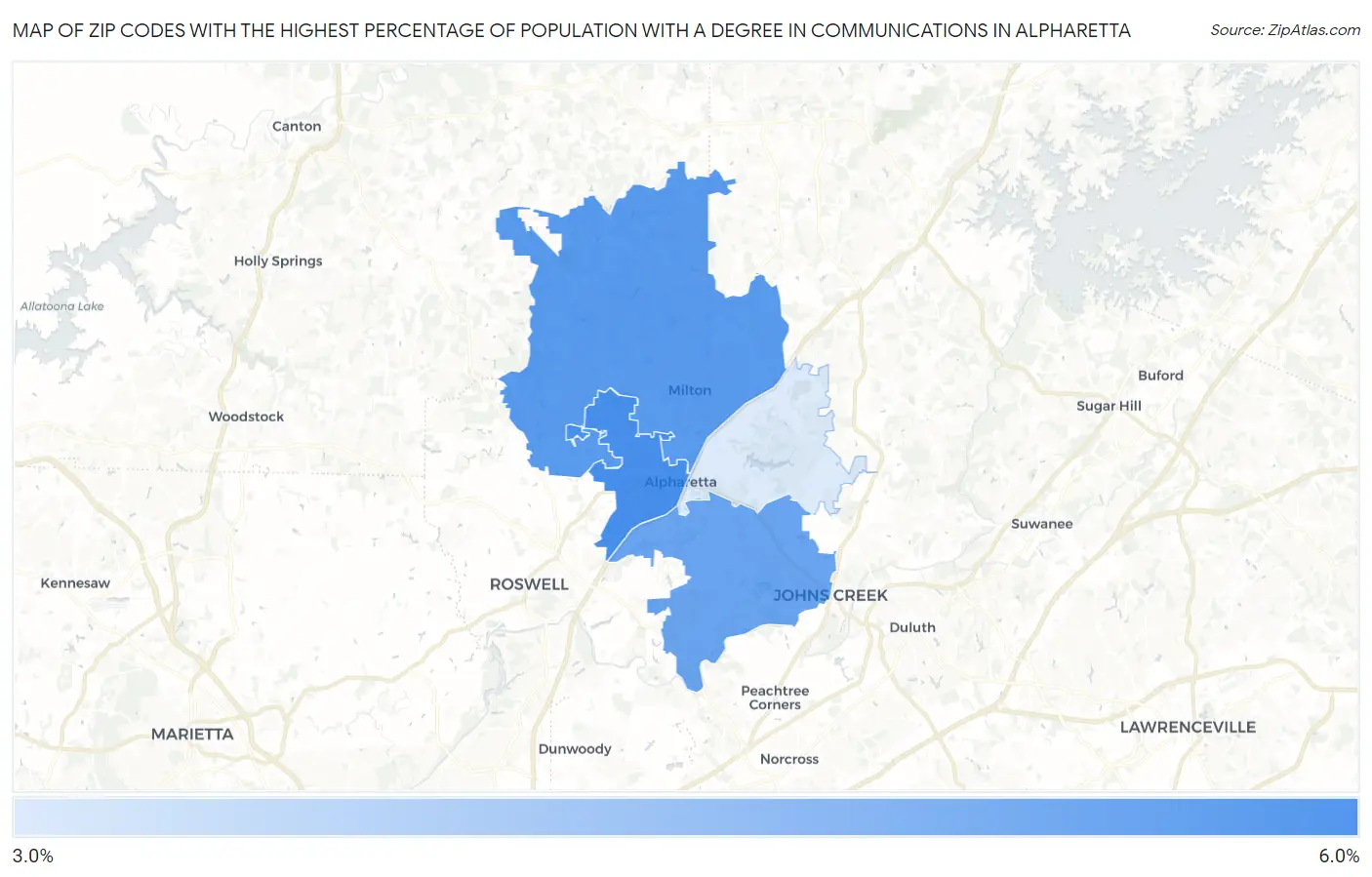 Zip Codes with the Highest Percentage of Population with a Degree in Communications in Alpharetta Map