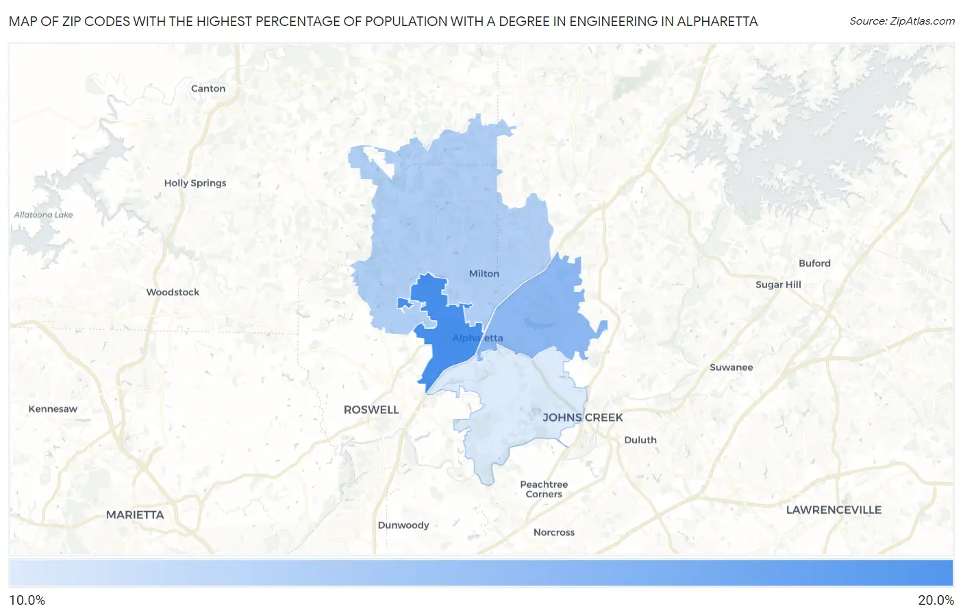 Zip Codes with the Highest Percentage of Population with a Degree in Engineering in Alpharetta Map