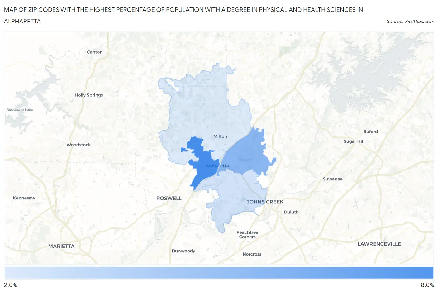 Zip Codes with the Highest Percentage of Population with a Degree in Physical and Health Sciences in Alpharetta Map