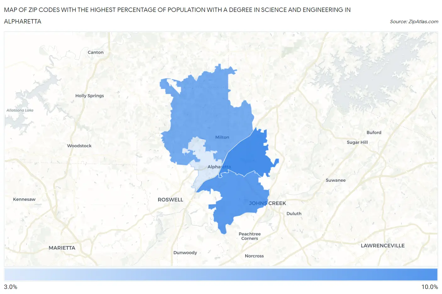 Zip Codes with the Highest Percentage of Population with a Degree in Science and Engineering in Alpharetta Map