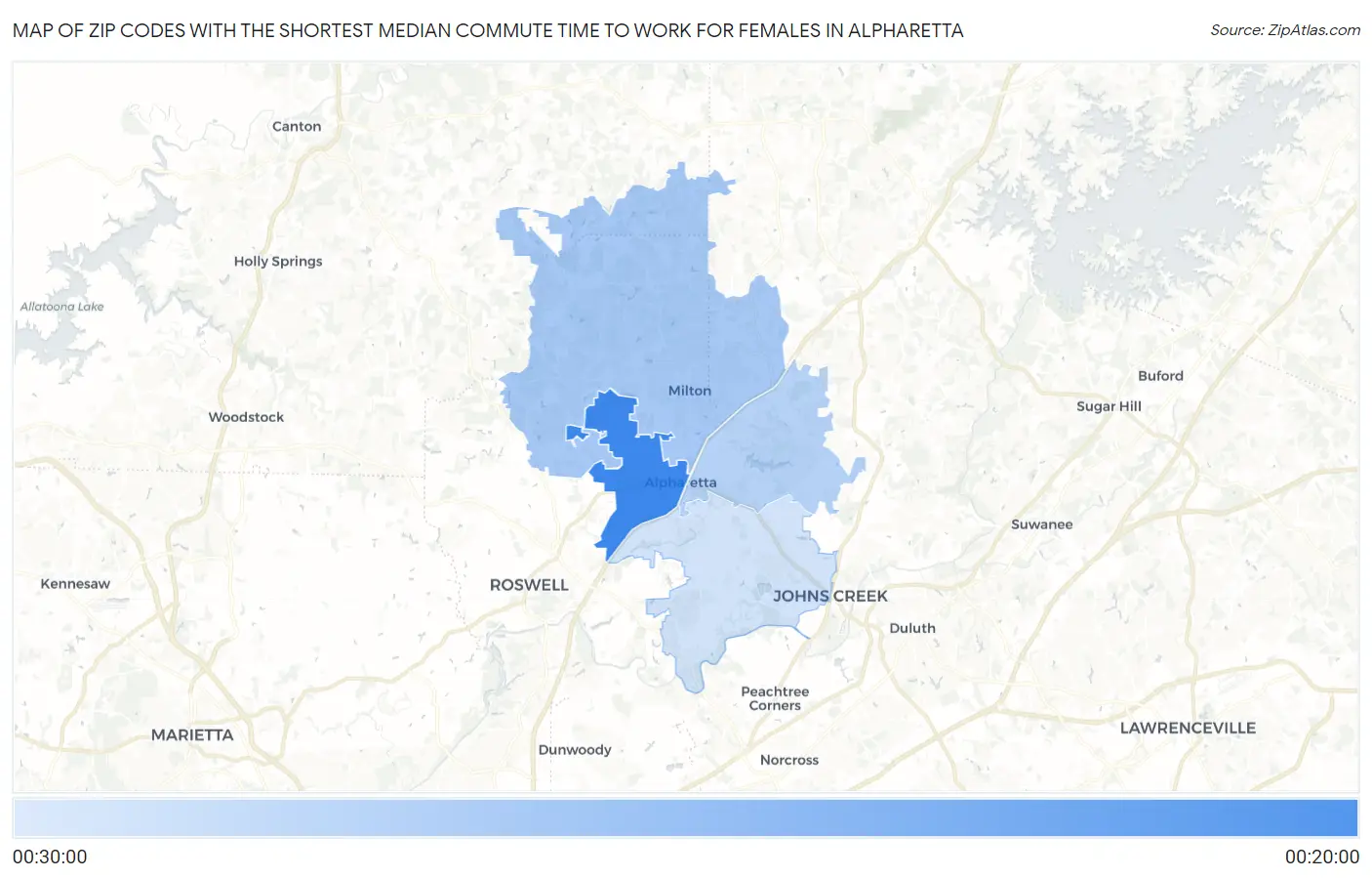 Zip Codes with the Shortest Median Commute Time to Work for Females in Alpharetta Map