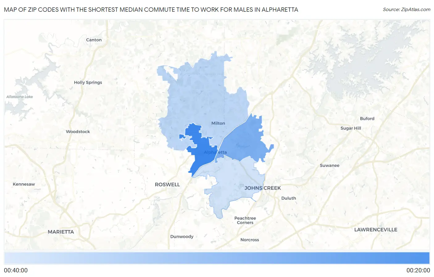 Zip Codes with the Shortest Median Commute Time to Work for Males in Alpharetta Map