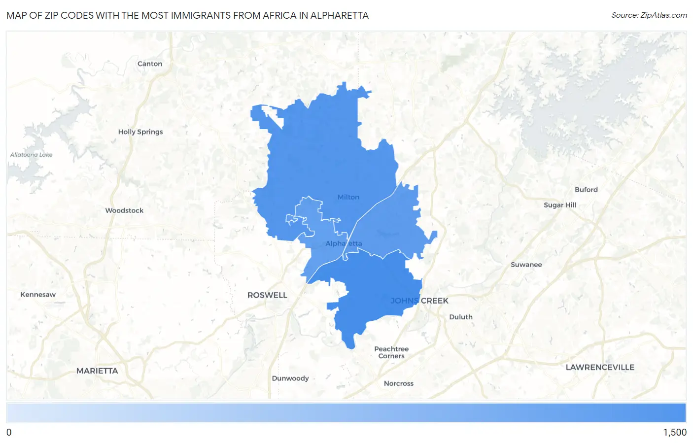 Zip Codes with the Most Immigrants from Africa in Alpharetta Map
