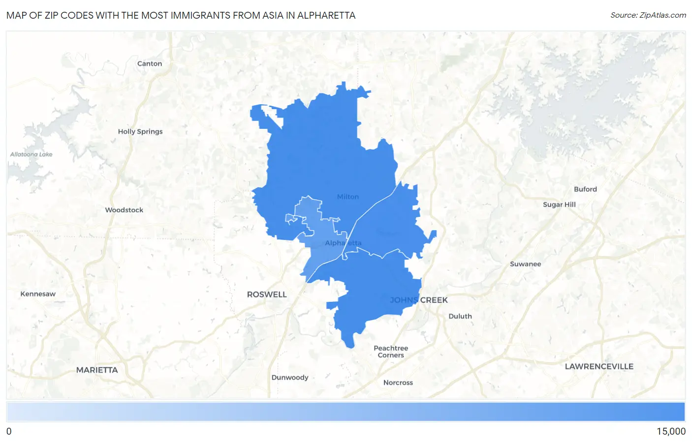 Zip Codes with the Most Immigrants from Asia in Alpharetta Map