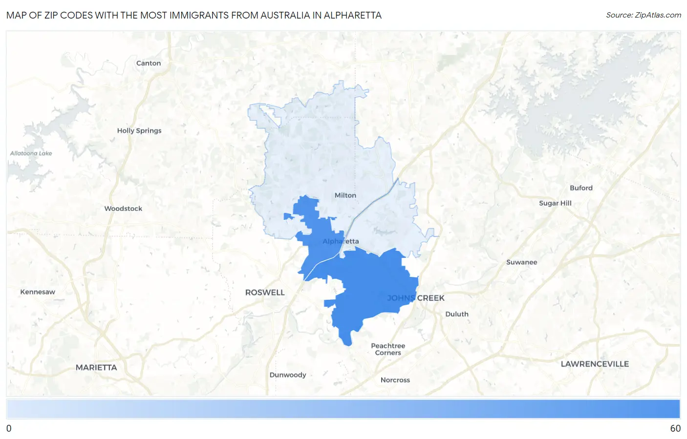 Zip Codes with the Most Immigrants from Australia in Alpharetta Map