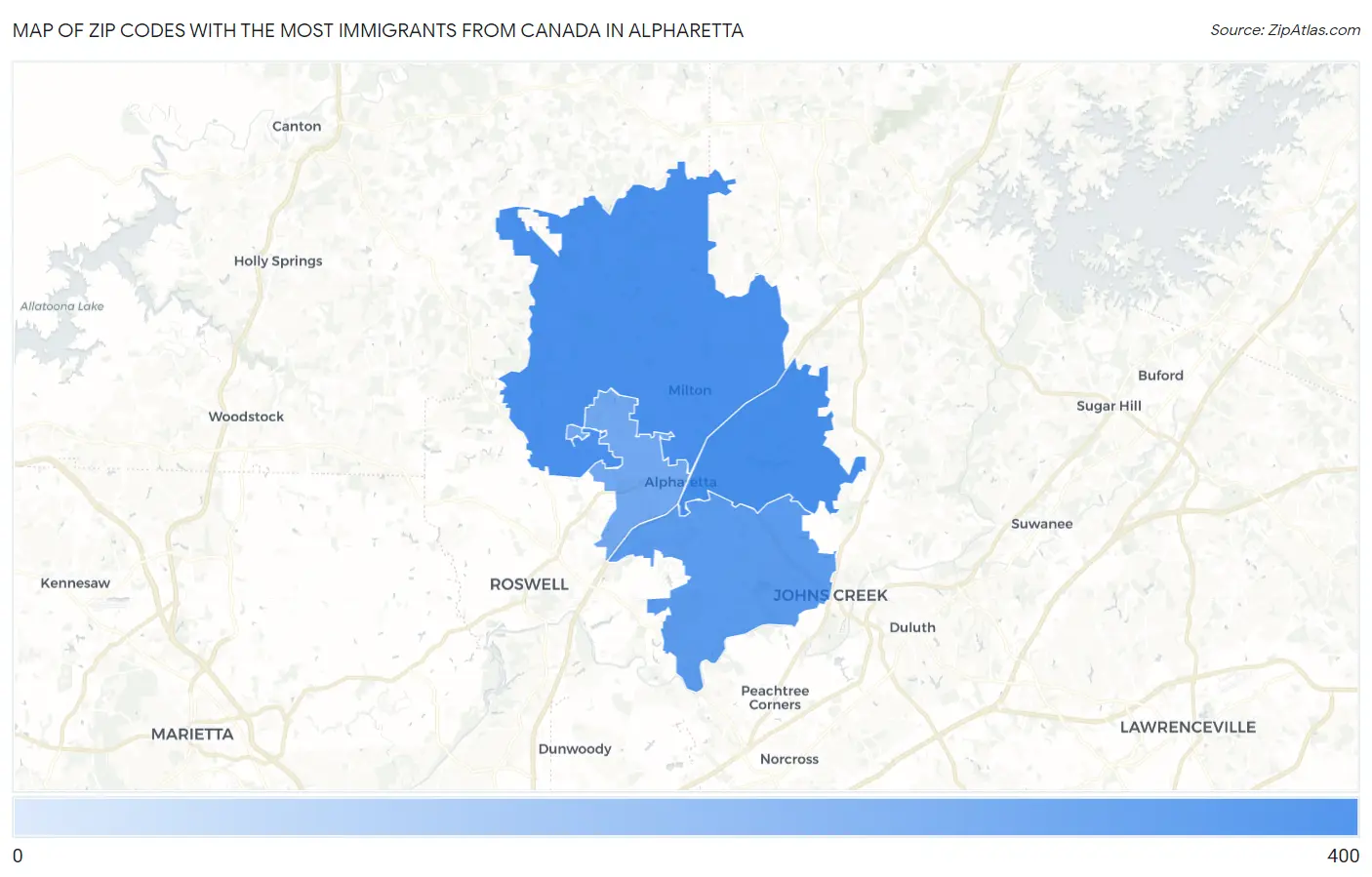 Zip Codes with the Most Immigrants from Canada in Alpharetta Map