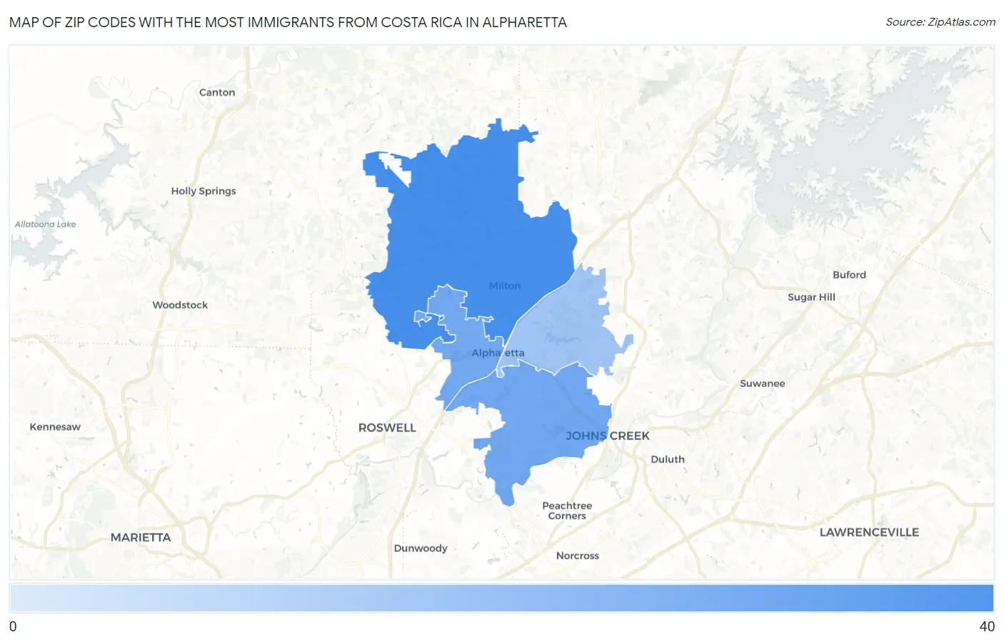 Zip Codes with the Most Immigrants from Costa Rica in Alpharetta Map