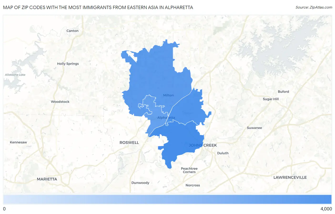 Zip Codes with the Most Immigrants from Eastern Asia in Alpharetta Map