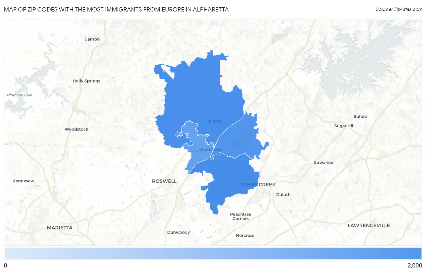 Zip Codes with the Most Immigrants from Europe in Alpharetta Map