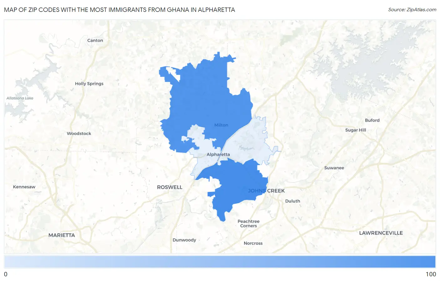 Zip Codes with the Most Immigrants from Ghana in Alpharetta Map