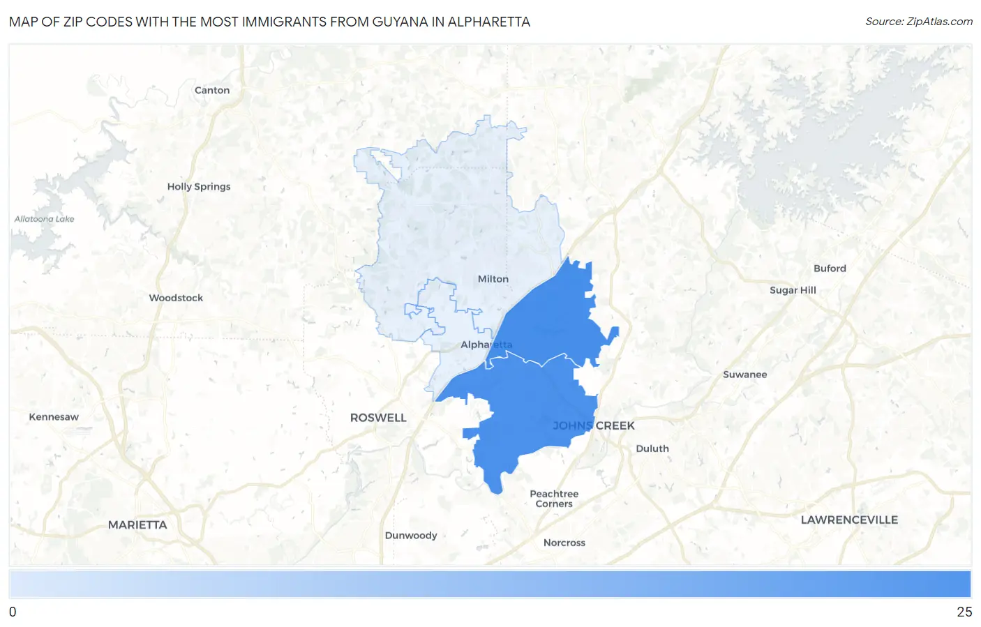 Zip Codes with the Most Immigrants from Guyana in Alpharetta Map