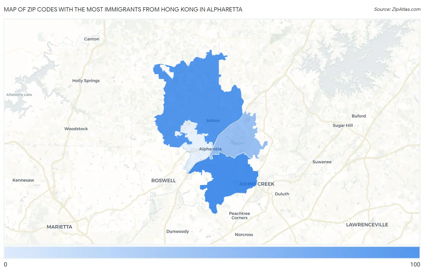 Zip Codes with the Most Immigrants from Hong Kong in Alpharetta Map
