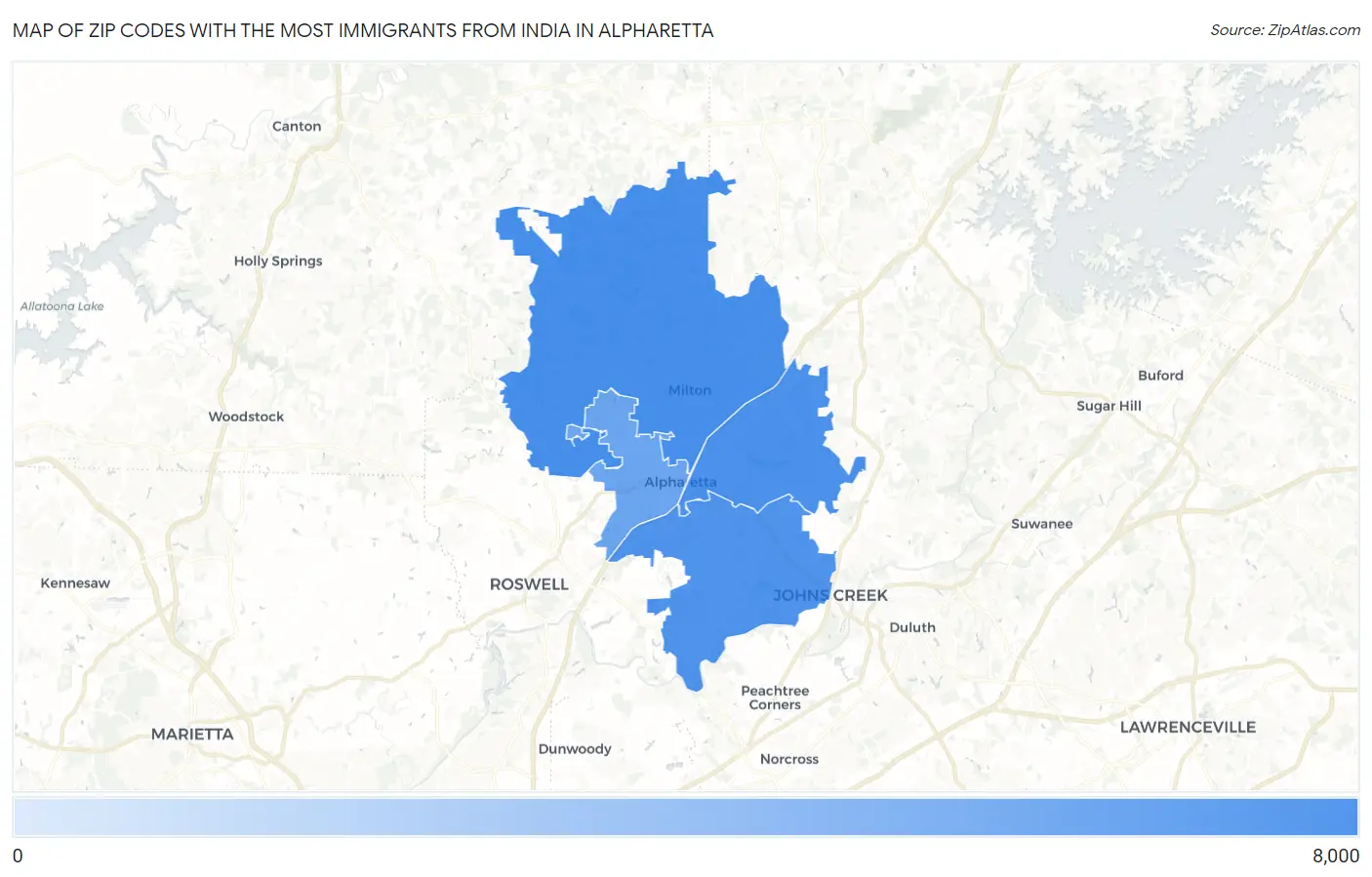 Zip Codes with the Most Immigrants from India in Alpharetta Map