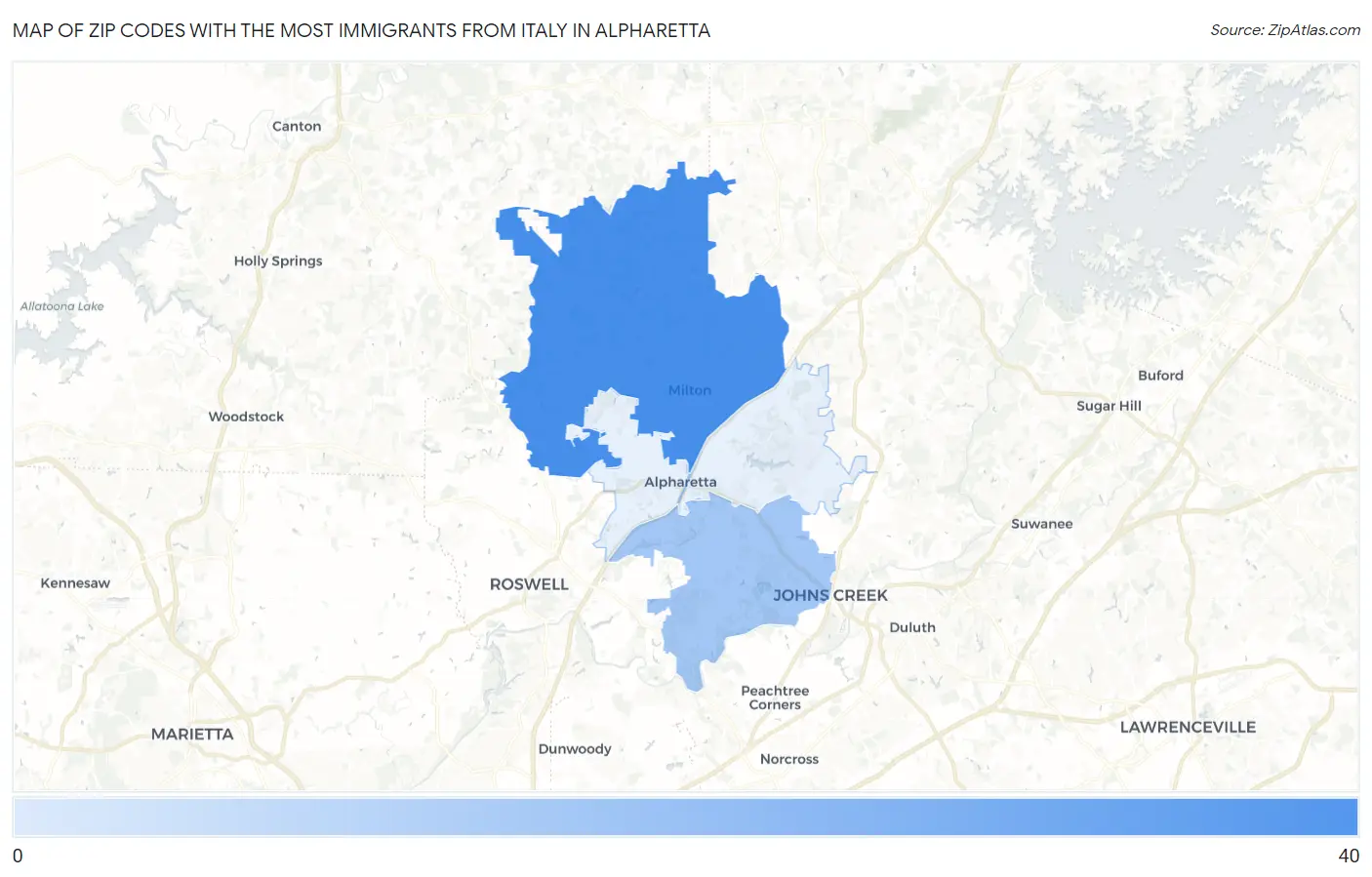 Zip Codes with the Most Immigrants from Italy in Alpharetta Map
