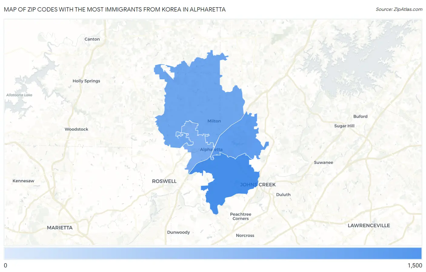 Zip Codes with the Most Immigrants from Korea in Alpharetta Map