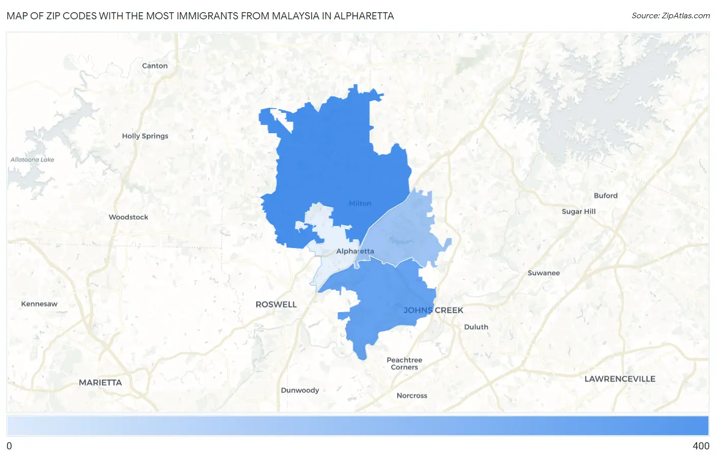 Zip Codes with the Most Immigrants from Malaysia in Alpharetta Map