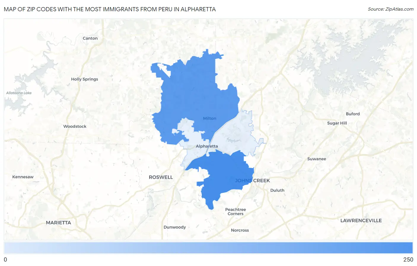 Zip Codes with the Most Immigrants from Peru in Alpharetta Map