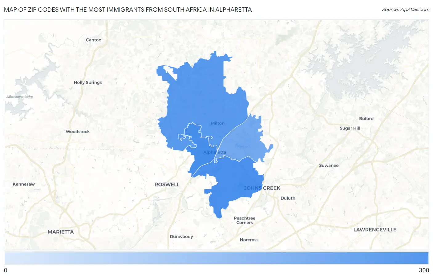 Zip Codes with the Most Immigrants from South Africa in Alpharetta Map