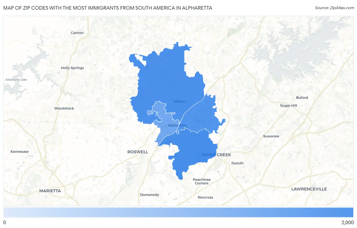 Zip Codes with the Most Immigrants from South America in Alpharetta Map