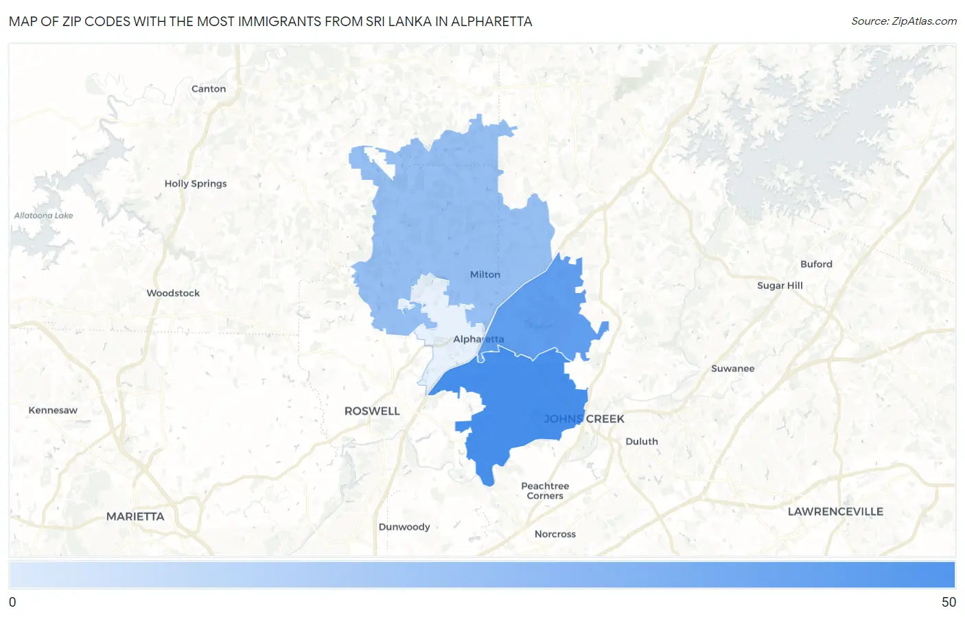 Zip Codes with the Most Immigrants from Sri Lanka in Alpharetta Map