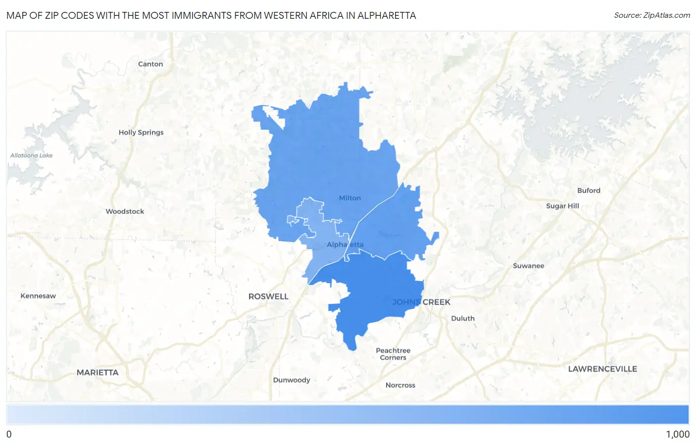 Zip Codes with the Most Immigrants from Western Africa in Alpharetta Map
