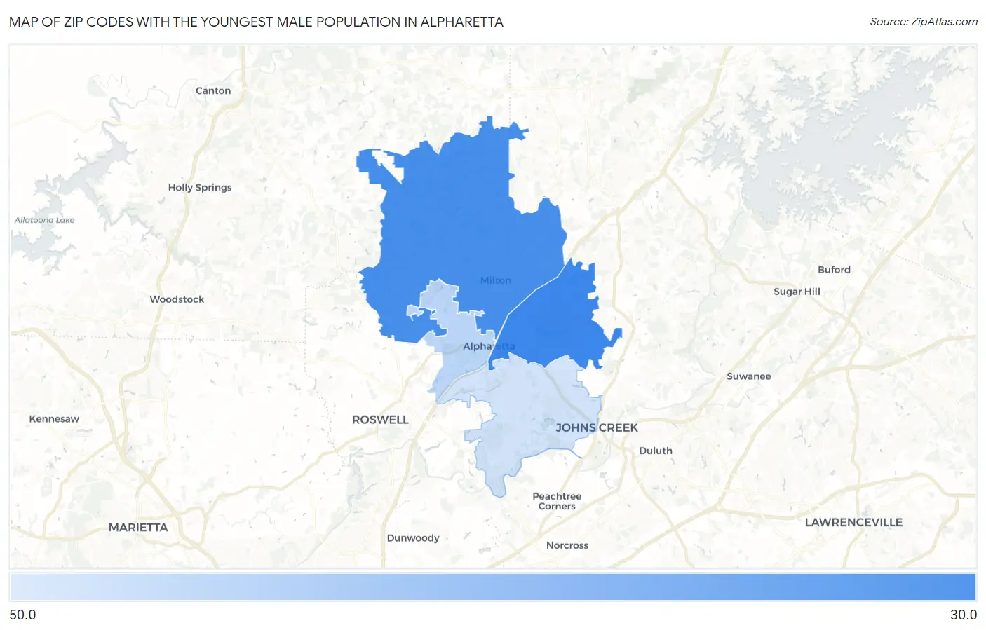 Zip Codes with the Youngest Male Population in Alpharetta Map