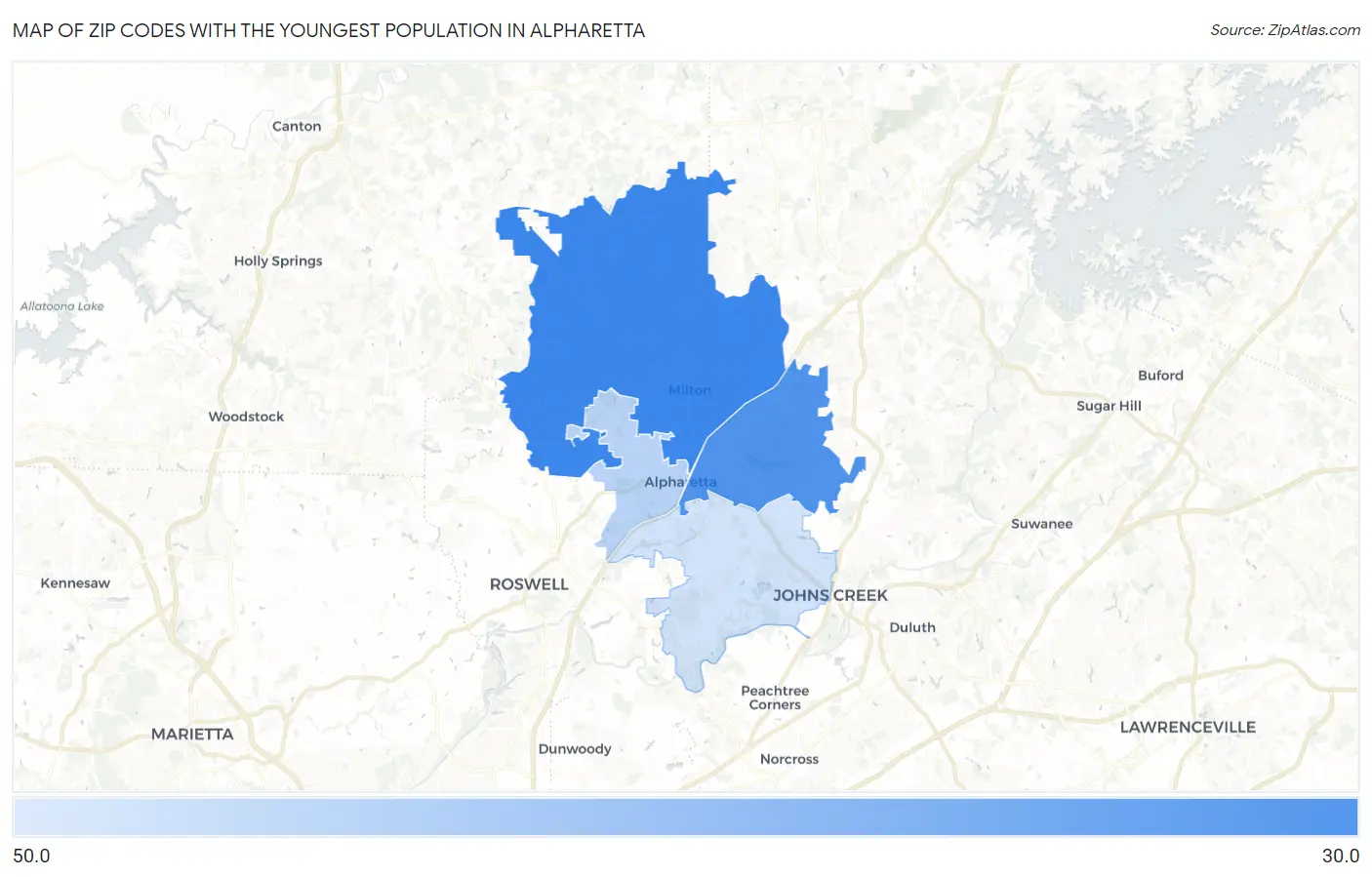 Zip Codes with the Youngest Population in Alpharetta Map