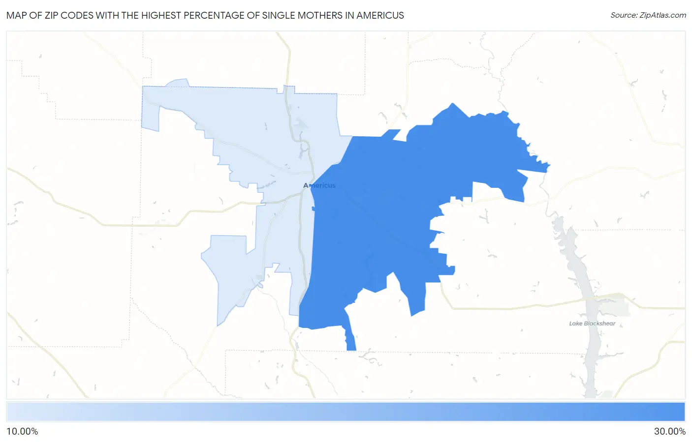 Zip Codes with the Highest Percentage of Single Mothers in Americus Map