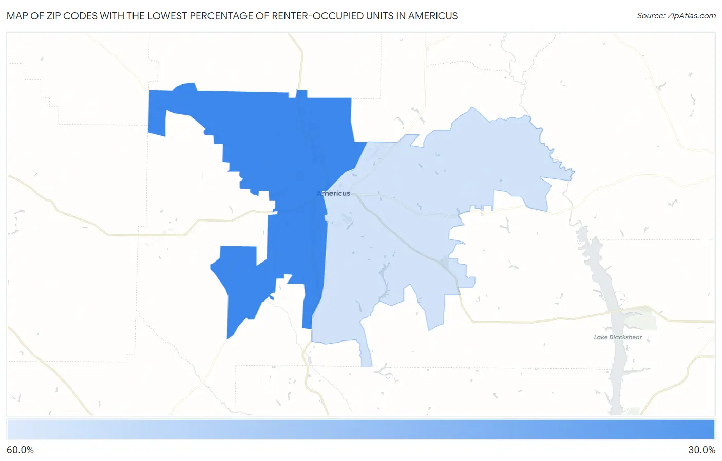 Zip Codes with the Lowest Percentage of Renter-Occupied Units in Americus Map