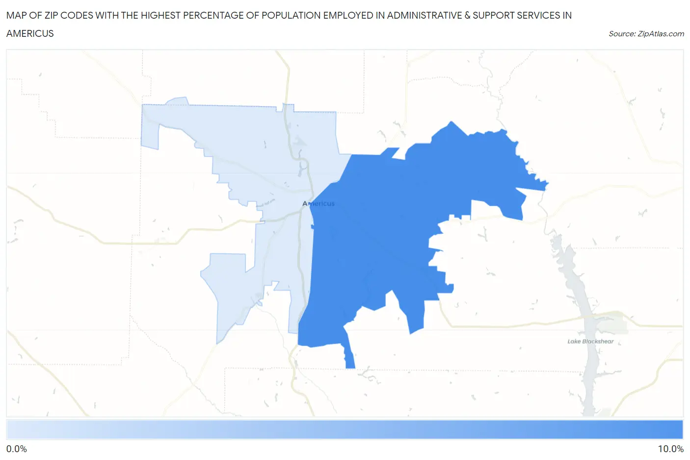 Zip Codes with the Highest Percentage of Population Employed in Administrative & Support Services in Americus Map