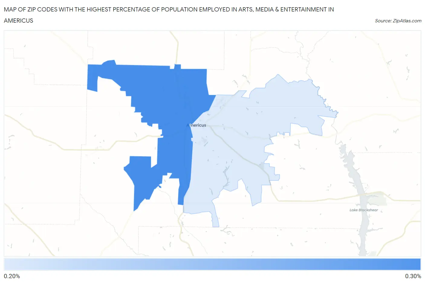 Zip Codes with the Highest Percentage of Population Employed in Arts, Media & Entertainment in Americus Map