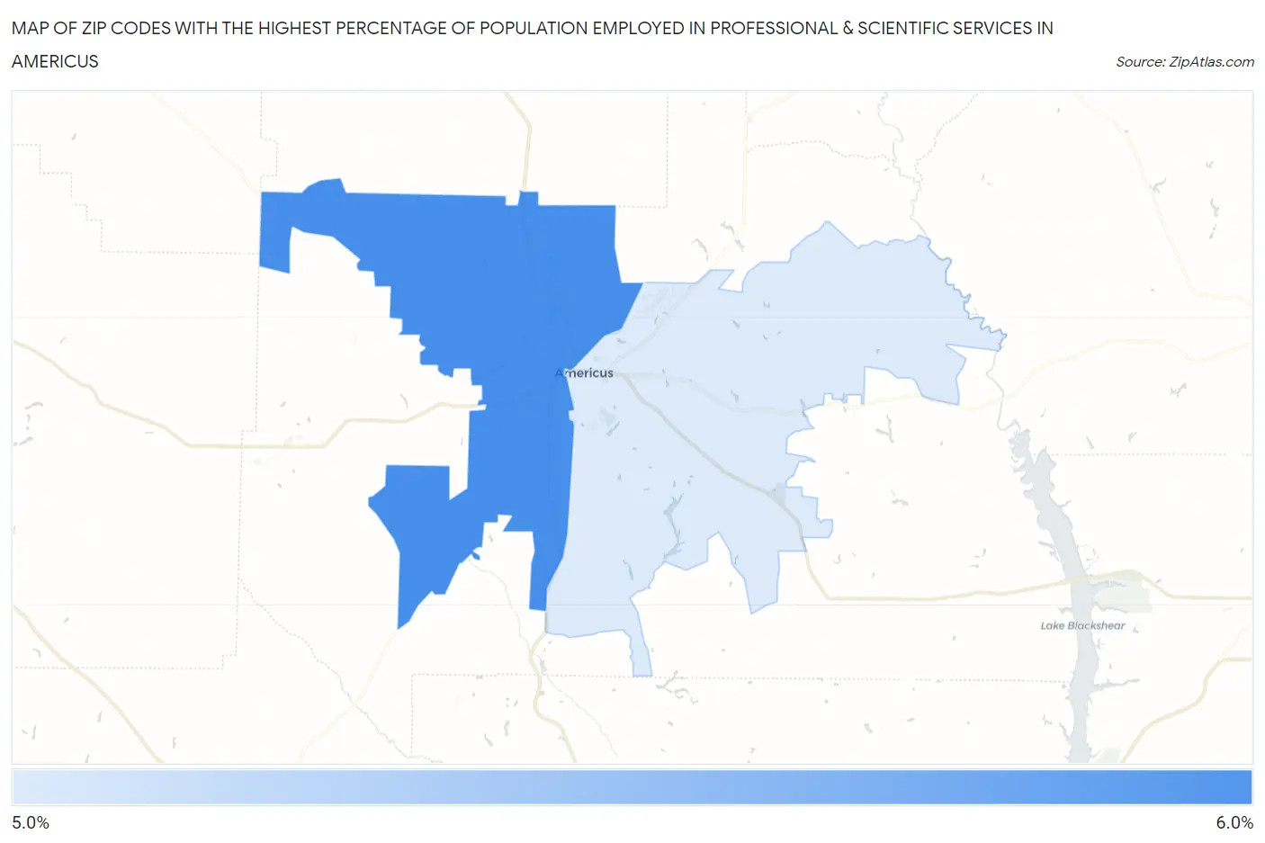 Zip Codes with the Highest Percentage of Population Employed in Professional & Scientific Services in Americus Map