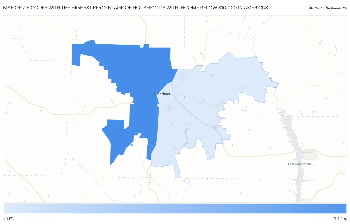 Zip Codes with the Highest Percentage of Households with Income Below $10,000 in Americus Map