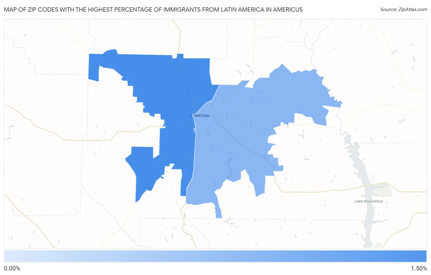 Zip Codes with the Highest Percentage of Immigrants from Latin America in Americus Map