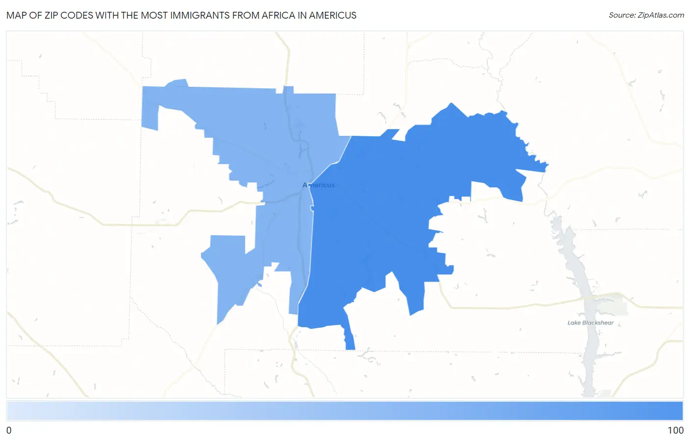 Zip Codes with the Most Immigrants from Africa in Americus Map