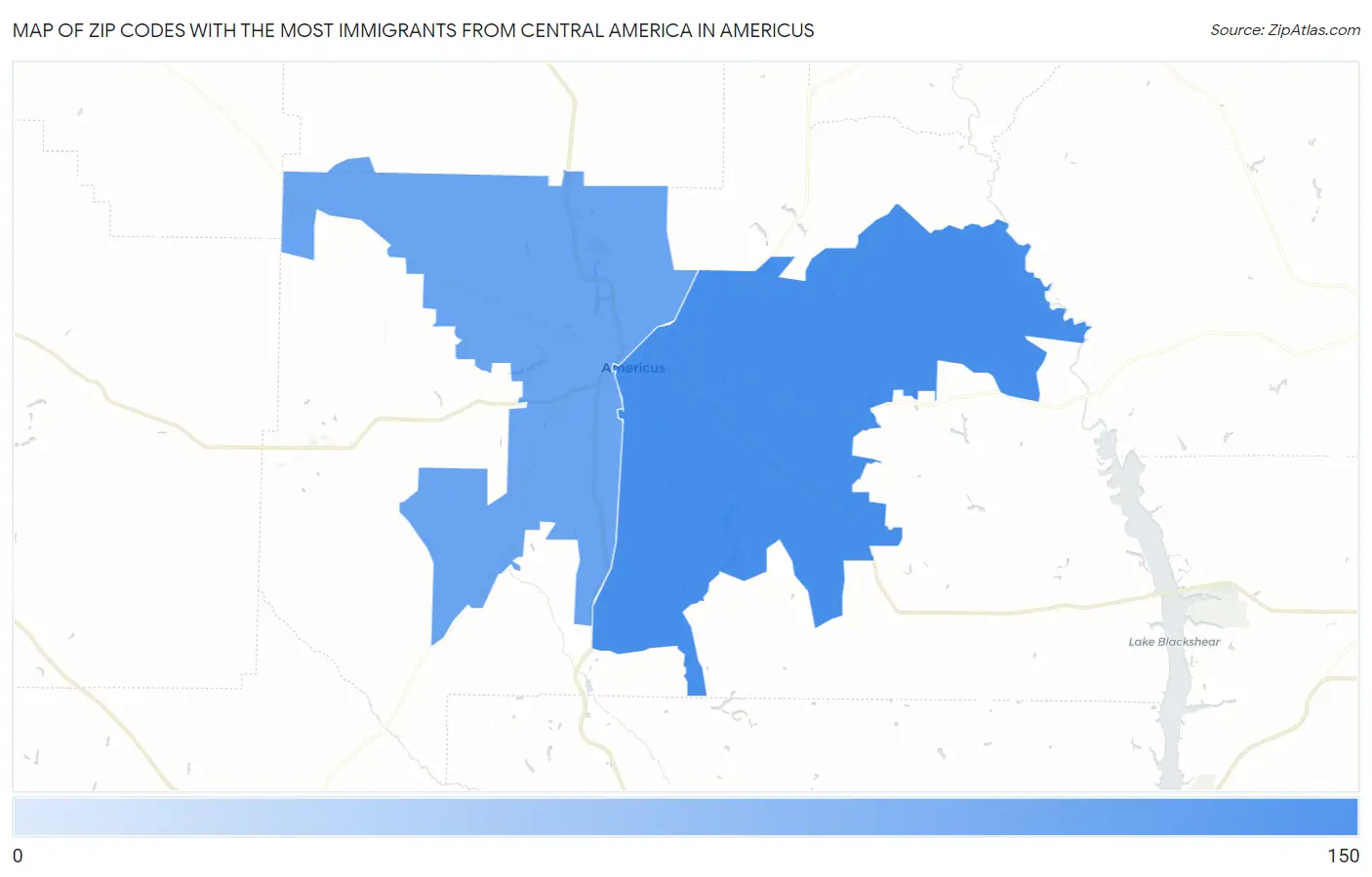 Zip Codes with the Most Immigrants from Central America in Americus Map