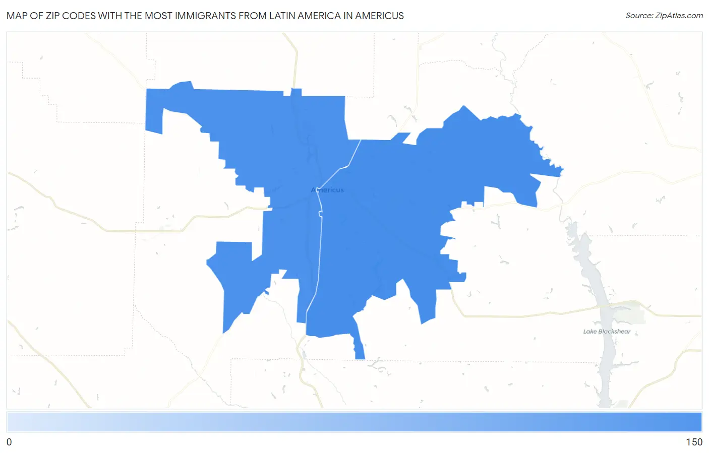 Zip Codes with the Most Immigrants from Latin America in Americus Map