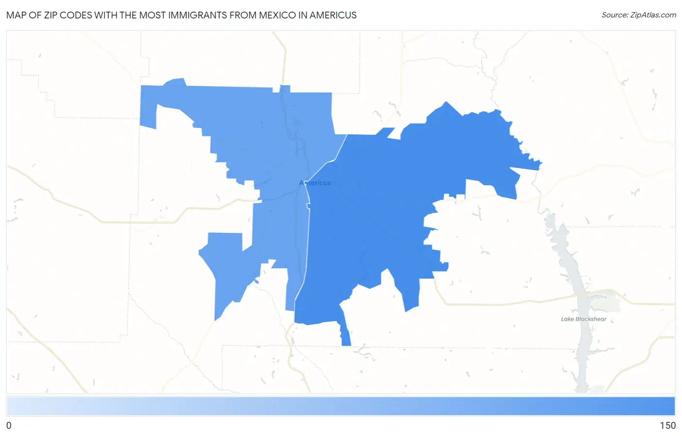 Zip Codes with the Most Immigrants from Mexico in Americus Map