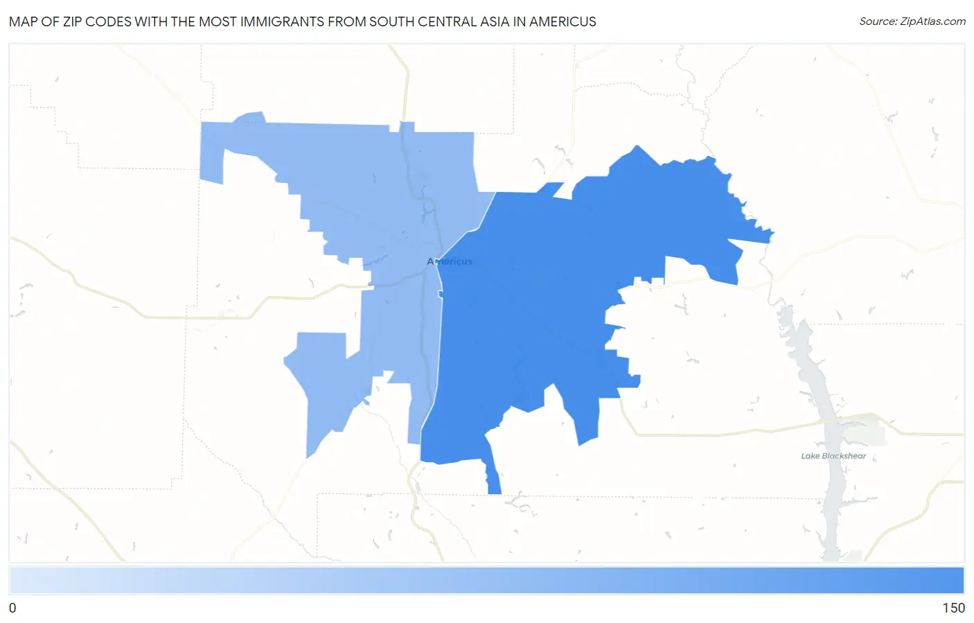 Zip Codes with the Most Immigrants from South Central Asia in Americus Map
