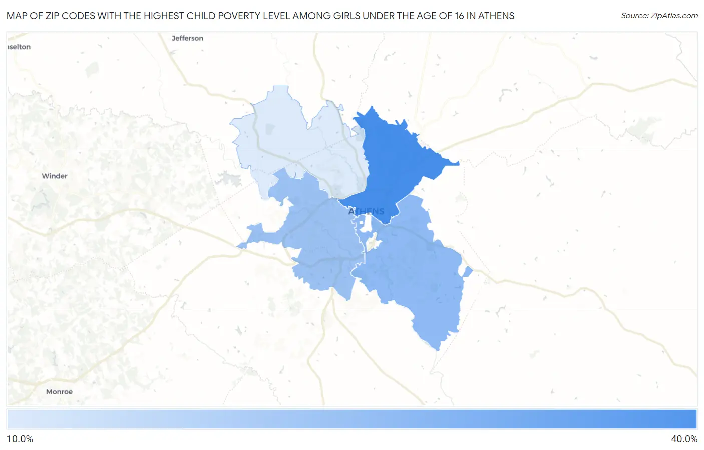 Zip Codes with the Highest Child Poverty Level Among Girls Under the Age of 16 in Athens Map