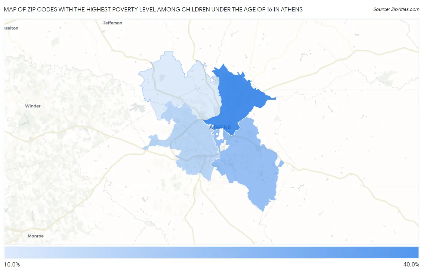 Zip Codes with the Highest Poverty Level Among Children Under the Age of 16 in Athens Map