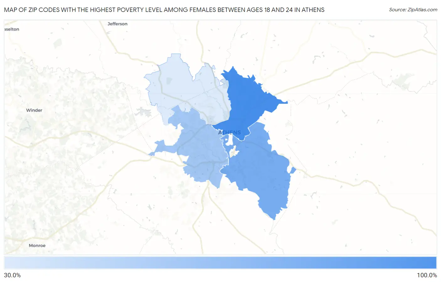 Zip Codes with the Highest Poverty Level Among Females Between Ages 18 and 24 in Athens Map