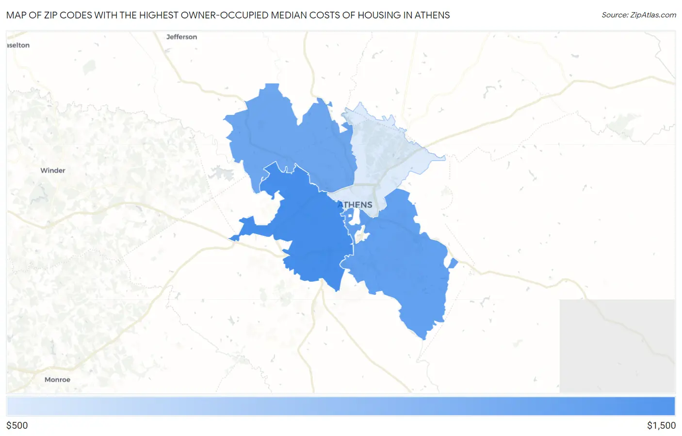 Zip Codes with the Highest Owner-Occupied Median Costs of Housing in Athens Map