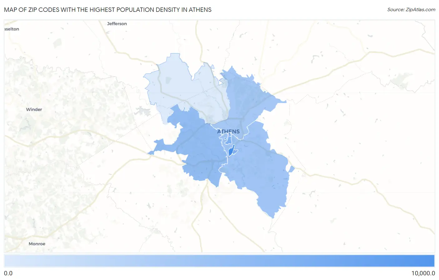 Zip Codes with the Highest Population Density in Athens Map