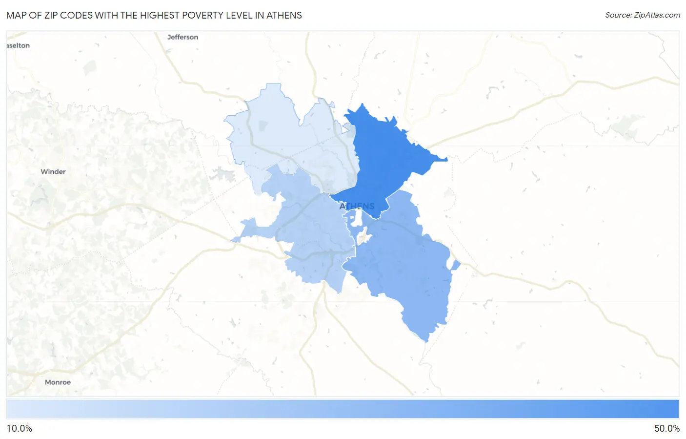 Zip Codes with the Highest Poverty Level in Athens Map