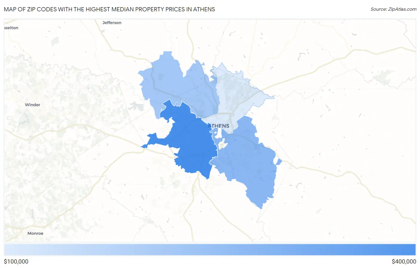 Zip Codes with the Highest Median Property Prices in Athens Map