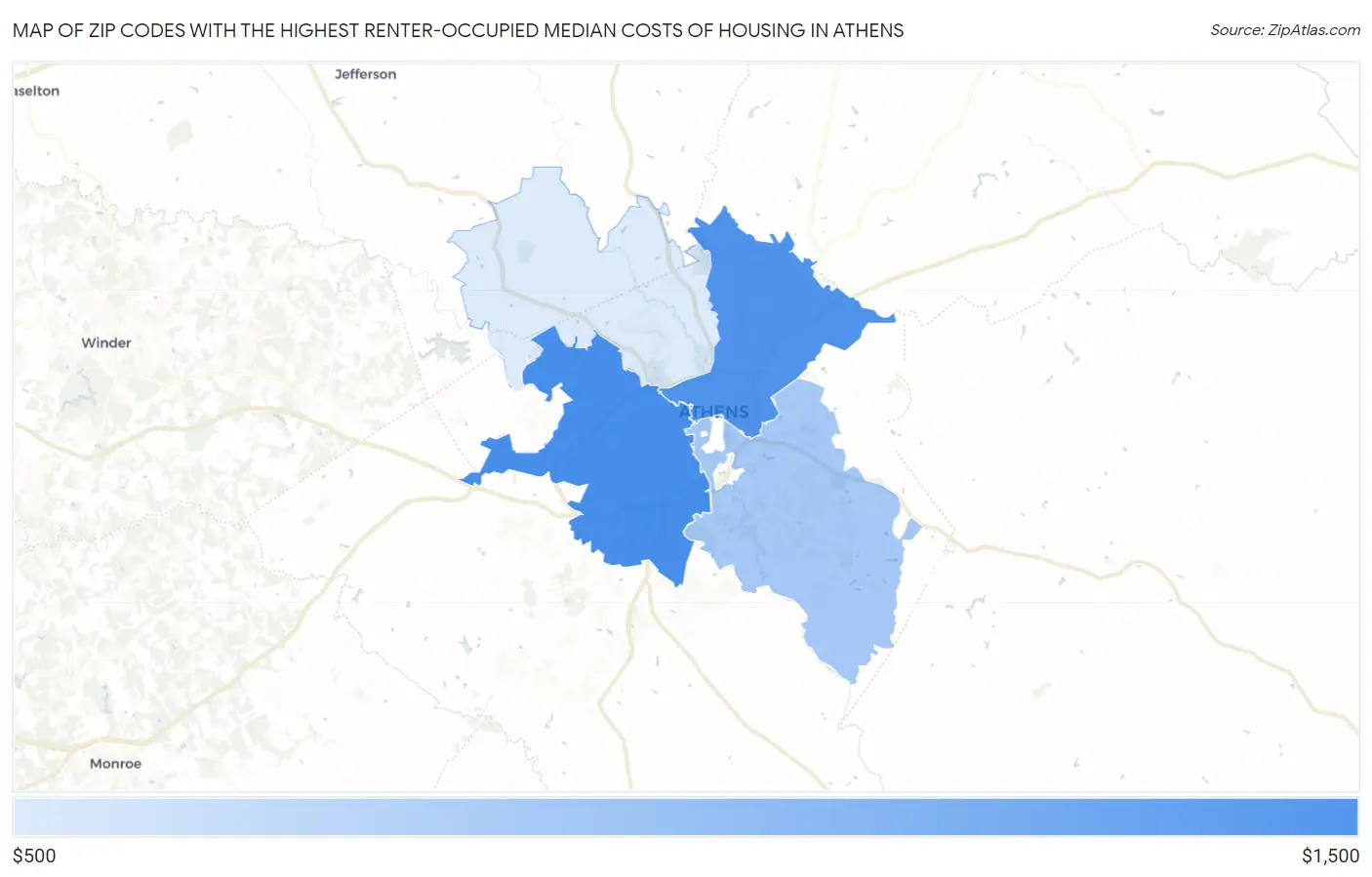 Zip Codes with the Highest Renter-Occupied Median Costs of Housing in Athens Map