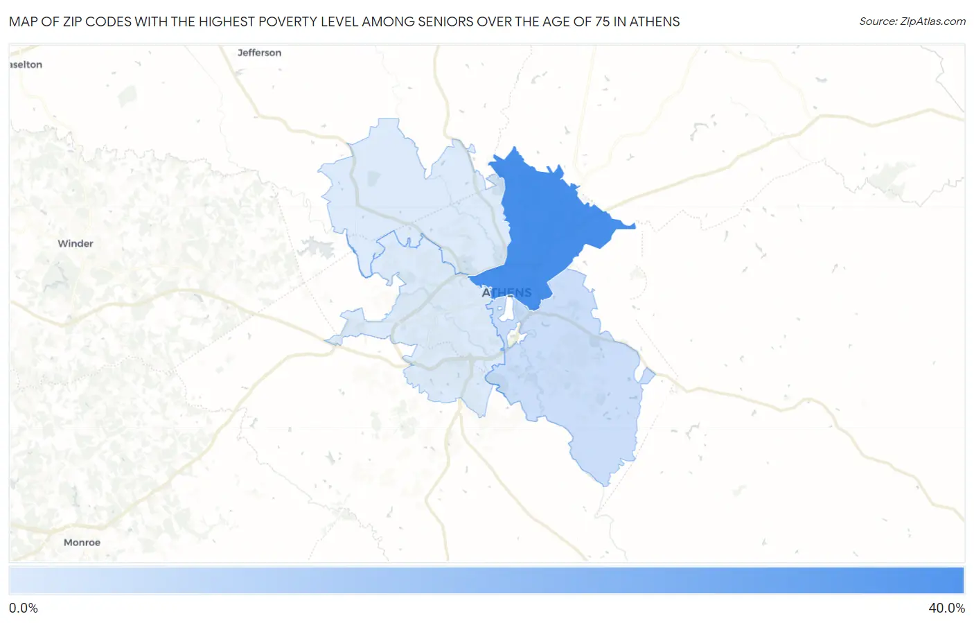 Zip Codes with the Highest Poverty Level Among Seniors Over the Age of 75 in Athens Map
