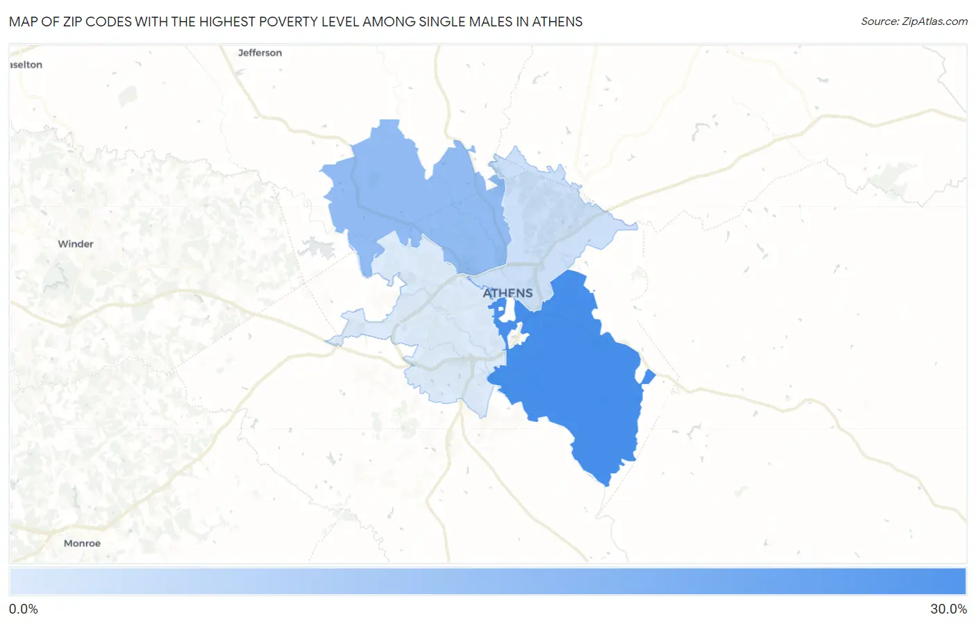 Zip Codes with the Highest Poverty Level Among Single Males in Athens Map